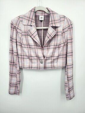 Cabi Spring Pink Grey Plaid Playdate Crop Jacket Blazer Sz S